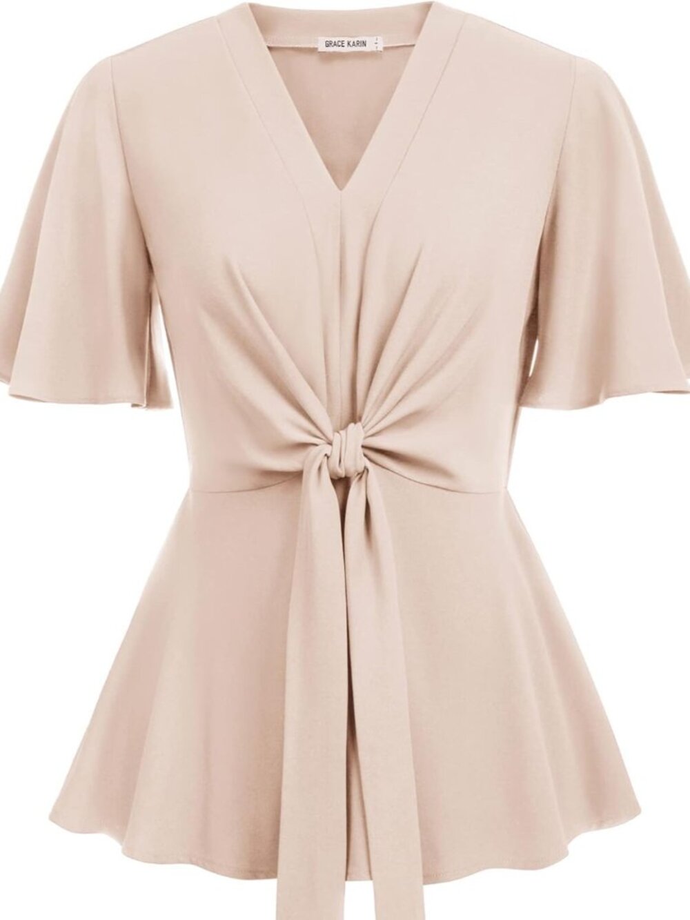 Women's Elegant V-Neck Tie Waist Flowy Peplum Shirt Tops